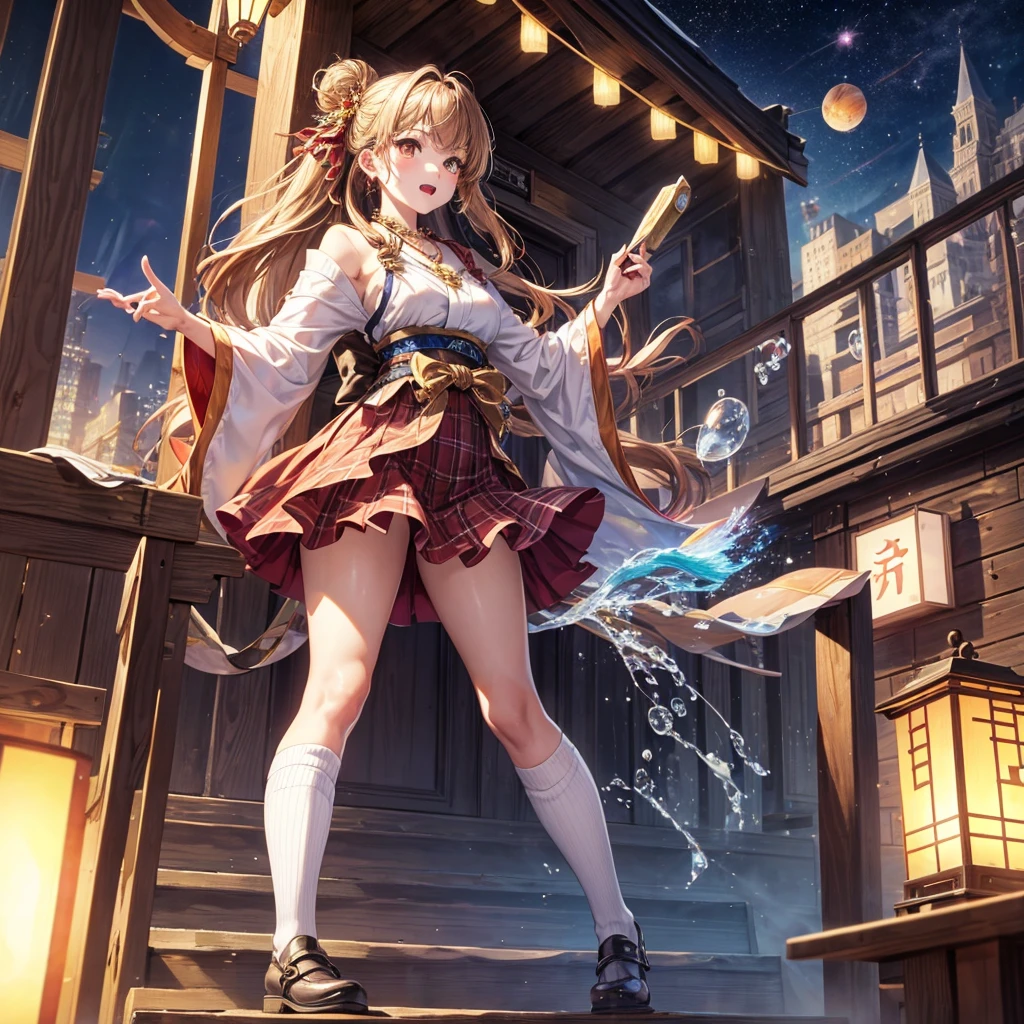 Red, brown, gold, gold hair、Golden Eyes、Hair tied up、One good looking girl、solo、anime、Checkered mini skirt、Ruffles on the skirt、Checked dress、blouse、Kimono、Black knee-high socks、Ribbon、Ribbon on waist、Teeth are visible、Sparkly Necklace、From above、Cobblestones、waterfall、Starry Sky、Midnight Moon、suspension bridge、Soap bubbles are flying、beam、Standing still、Transparent、Dragon flying、time and space、goddess、Billboard、Edo