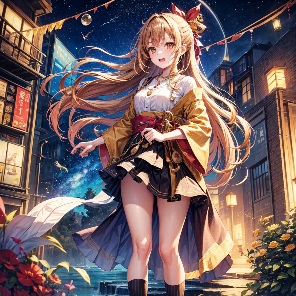 Red, brown, gold, gold hair、Golden Eyes、Hair tied up、One good looking girl、solo、anime、Checkered mini skirt、Ruffles on the skirt、Checked dress、blouse、Kimono、Black knee-high socks、Ribbon、Ribbon on waist、Teeth are visible、Sparkly Necklace、From above、Cobblestones、waterfall、Starry Sky、Midnight Moon、suspension bridge、Soap bubbles are flying、beam、Standing still、Transparent、Dragon flying、time and space、goddess、Billboard、Edo