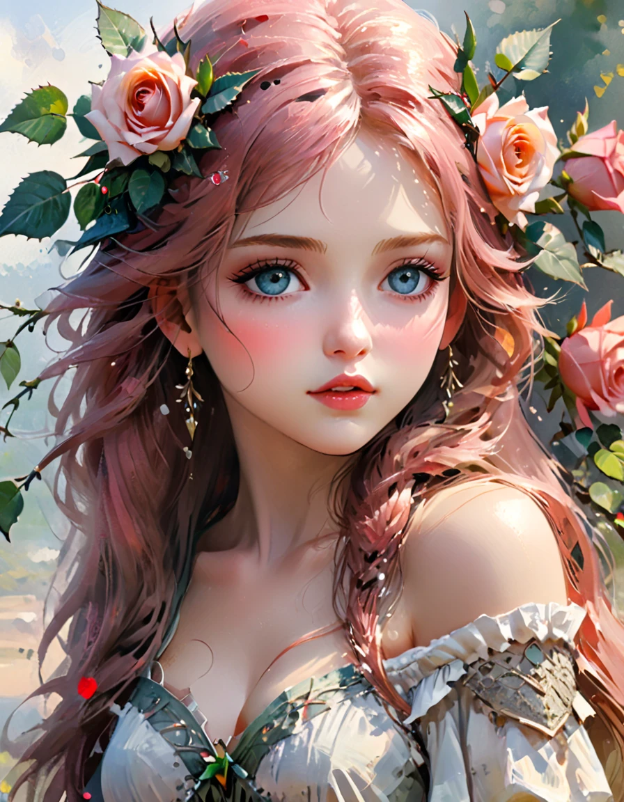{({(rose themed:1.5)} beautiful girl, long hair, light colored eyes, delicate, calm demeanor, {beautifuly dressed with intricate thorn details}, ({watercolored styled} impressionist masterpiece:1.5), (best quality:1.5), ((UHD:1.5)), (detailed face, detailed eyes, detailed mouth, detailed body, detailed hands, detailed clothes, detailed background, detailed scenery:1.5), (aesthetic + beautiful + harmonic:1.5), ({symmetrical intricate thorns details + sharpen symmetrical thorns details}:1.5)