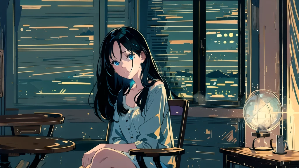 Create an illustration of a girl with black hair and blue eyes, sitting in a chair in front of a desk, Sentimental, Introspective look。, The moonlight gently shines into the room, Gently illuminate the space, Curtains sway in the wind, Increase tranquility, Dark mood, Emphasise the theme of loneliness, silence, And the depths of night, The room is dark、dimly lit by the moonlight