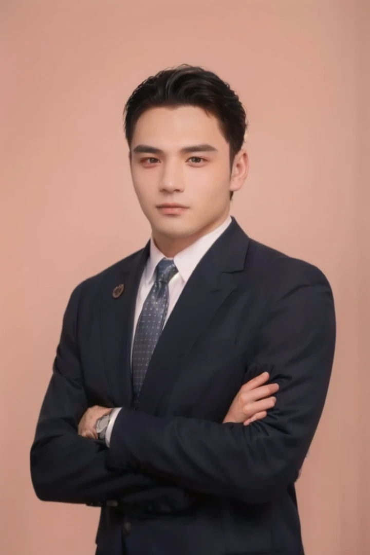 A man in a suit and tie stands with his arms crossed., Handsome and elegant,  handsome man, Kaisa Salem, Official Photos, Handsome and charming,  promotional pictures, Pose in style, handsome man, doing a graceful pose