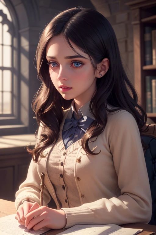 a young woman with beautiful detailed eyes, beautiful detailed lips, extremely detailed face, long eyelashes, wearing Hogwarts uniform, alone in a potions class, highly detailed, hyper realistic, 4k, 8k, masterpiece, photorealistic, vivid colors, cinematic lighting, digital art, fantasy, magic