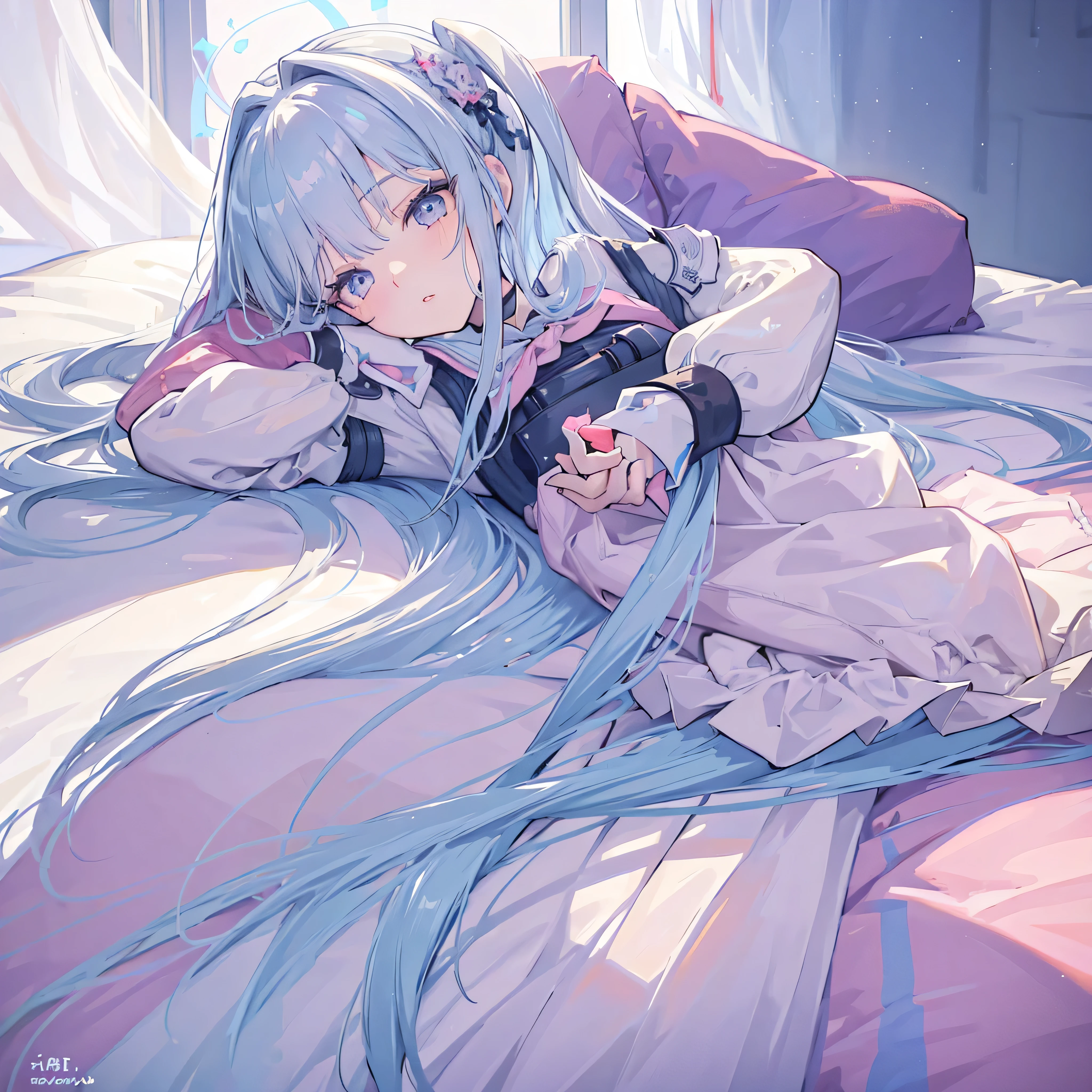 ((masterpiece)), ((Best Quality 4k)), (Ultra-detailed), anime style, cute, 1 girl lying on the bed, beautiful detailed eyes, beautiful detailed lips, extremely detailed face, long eyelashes, serene expression, soft lighting, pastel colors, dreamy atmosphere, peaceful, cozy bedroom interior, silk sheets, plush pillows, sunlight filtering through curtains