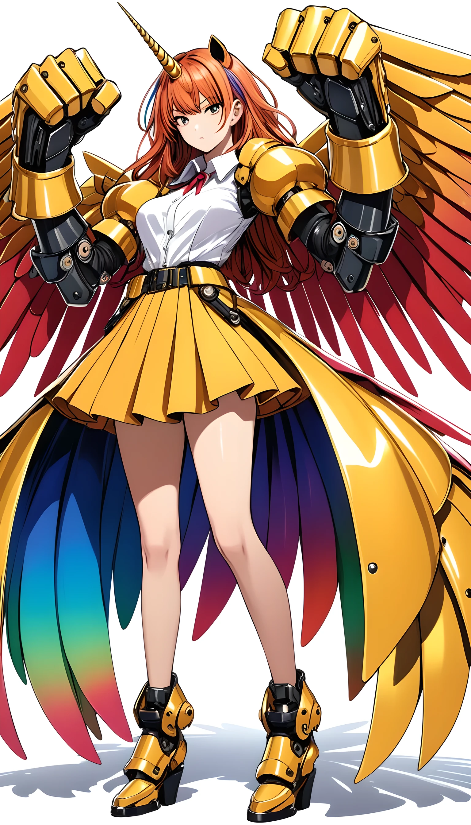 unicorn horn，metal spiral sharp corners,in style of Raymond Pettibon,in style of Takeshi Obata,in style of David Sims
huge mechanical angel wings,mechanical_Halation,1 girl,mechanical wrist,mechanical skirt with pleated skirt,(huge makeover mechanical fists:1.5),
the fist flashed ,(bold,smooth,elegant,curvaceoous,precise:1.2)，Whole body wide color gamut diffuse gradient paint，The transition is natural，Clear breakdown，