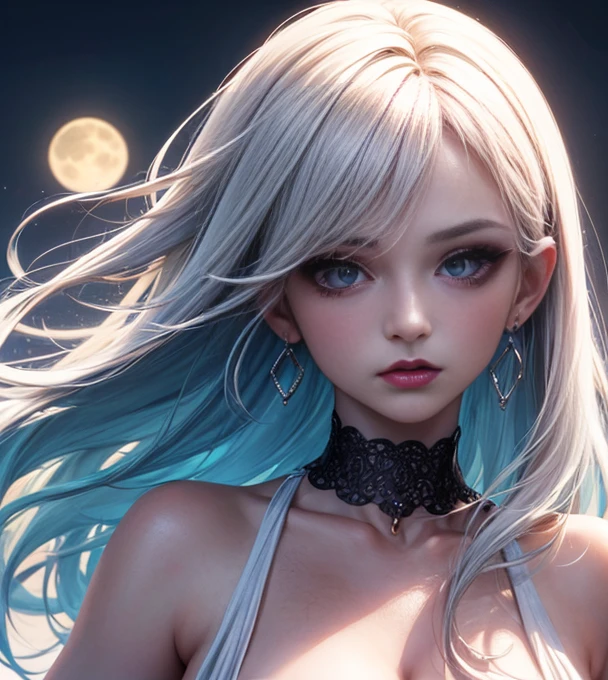 Depth of bounds written, detailed eye, ((CG illustration)), ((face focus)), ((masterpiece)), ((8K)), ((super detailed)), ((Super high quality)), ((cinematic)), ((Photoreal)), ((close up shot)), (solo), (cool girl), very long hair, straight hair, (((thin body))), Glossy skin, ((look away)), (Beautiful goth girl with high cheeks and legs), Gothic makeup, clear eyes, lipstick, dark eye shadow, ((No bra)), choker, earrings, provoke, night, ((full moon)), ((Functional)), Lonely, Visual kei, ((pastel colour)), Unwound clothes, forget, kiss, White Knight, dark, silence