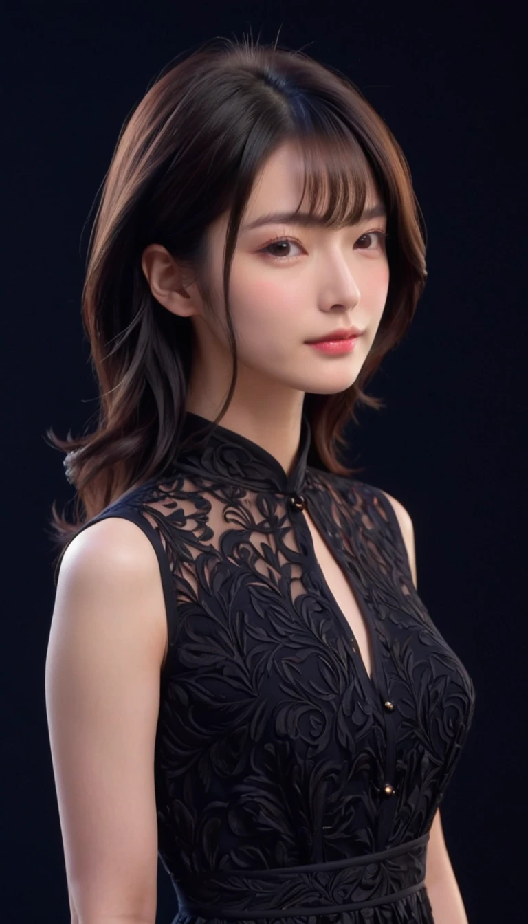 ((最大16K解像度のmasterpiece:1.6)),beautiful,Highest quality,Absolutely wonderful,Very detailed,Ultra-high resolution,masterpiece,Realistic,Realistic,Increased depth of field,Cinematic Light,
One elegant mature woman, Long black hair,beautiful顔,Very detailedな顔の表現,Face with a gentle expression,Transparent white skin,Very delicate skin texture,Great proportions,Anatomically correct body,
Elegant high slit dress,Gorgeous colors,Gorgeous and detailed pattern,Beautifully detailed pattern,Detailed cloth texture,
Black Background,
Focus on the upper body,((Face close-up:1.5)),
