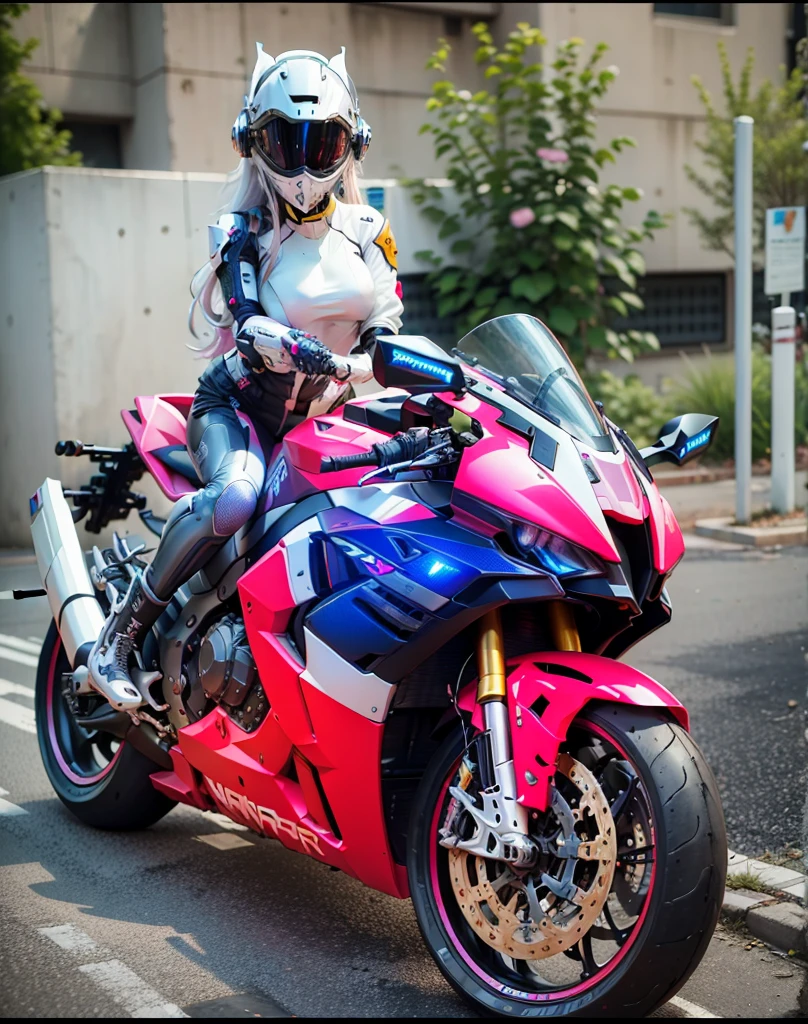 Sexy cyberpunk female knight,Long flowing white hair,Pink cyberpunk mech costume,A refined pink tech helmet,Nousr, Biomechanicals, MSHN Robot Woman,High-tech helmet,hyper realisitc, Steel, Complex design, insanely details, finely detailled, Extremely clear lines, cinmatic lighting, photograph realistic, A detailed masterpiece