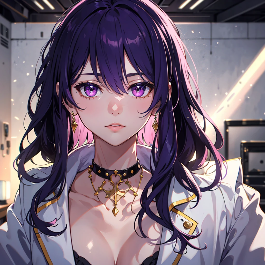 A high resolution,HighestQuali,illustratio,ultra details,(Detailed face),(Detailed eyes),cinmatic lighting,best quailty,ultra details,tmasterpiece,Fine lines,1girlhugebreasts,solo,purple color hair,Purple eye,White coat,Pink shirt,jewelry,choker necklace,gloweyes,llight rays,(a color),Upper body body,inside room,