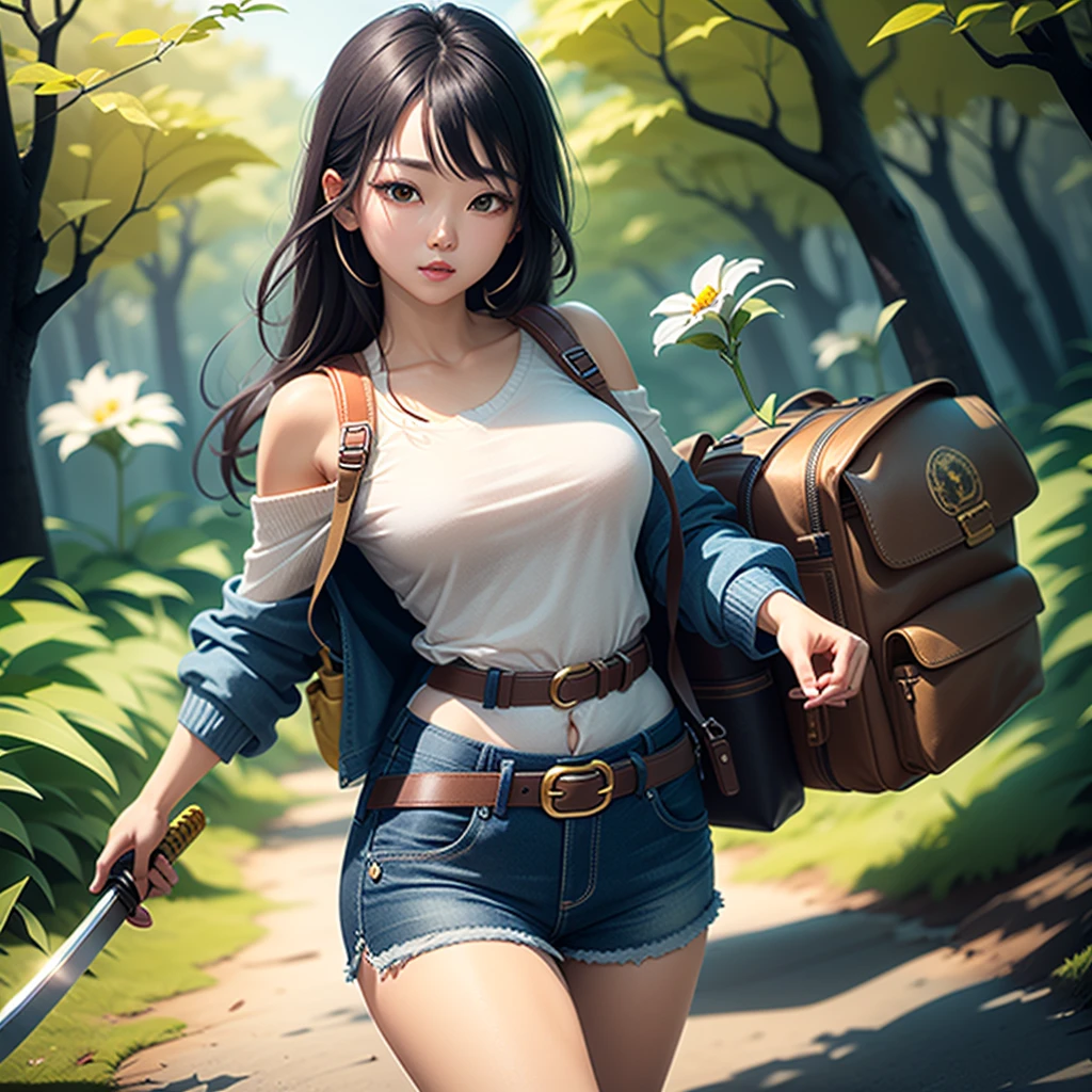 ((best quality)), ((masterpiece)), (detailed), off-shoulder sweater, Transparent body, Visible veins, Highly detailed, Upper body, one girl, young Korean woman with a Korean beautiful face, golden eyes and yellow sandy lush hair, tanned dark bronze skin, huge chest, dressed in an open coat with rolled up sleeves, a transparent unbuttoned shirt, a wide leather belt with gold yarn, leather shorts, a hiking backpack, a two-handed katana in sheathed, walking through the forest, trees with blue foliage and white flowers,