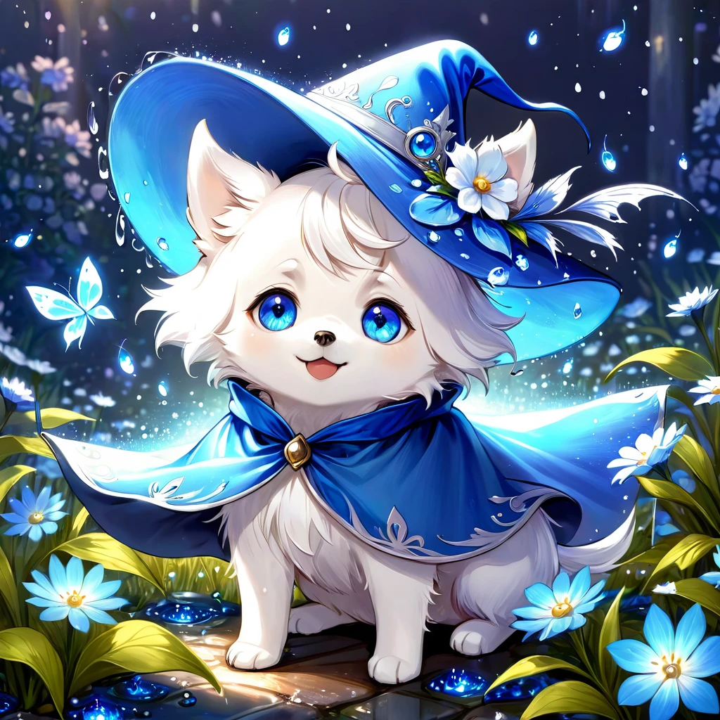 absurdres, highres, ultra detailed, HDR, master piece, small dog, white dog, expressive blue eyes, magical hat, cute, best quality, blue moon, flowers, fantasy, magical, solo, water, blue shining fireflies, blue petals, cape, the word "Krozseria" is written 