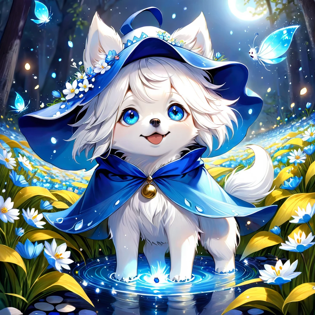 absurdres, highres, ultra detailed, HDR, master piece, small dog, white dog, expressive blue eyes, magical hat, cute, best quality, blue moon, flowers, fantasy, magical, solo, water, blue shining fireflies, blue petals, cape, the word "Krozseria" is written 