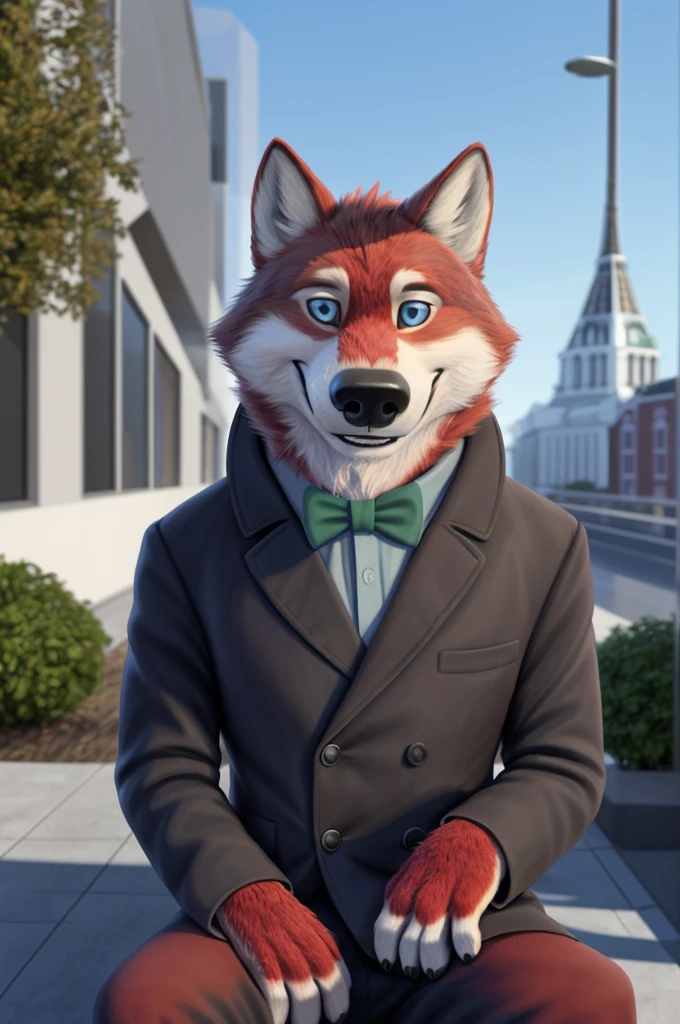 Ivan Wolfbach (сотрудник Аэропорта Domodedovo),high,Beautiful,slim,24 years,wolf, red fur,high Beautiful wolf, 24 years,(red body:1,3),beautiful blue eyes,Domodedovo, Russia, Аэропорт Domodedovo,gray shirt, green bow tie, black trousers,Dog, wolf, detailed fur, a male, antro, paw pads, finger claws, per viewer, 5 fingers, paws, 5 fingers, day, digital photography, soft focus, Good mood на приеме,sitting in the dentist's office, Photorealism, realistic , Photorealism, digital style, from close walks around the city, Very close to the camera, digital photography, positive smile, Good, mood, green tie, dental treatment in hospital, they don't see well, pilot patch, 4 yellow stripes on sleeves,
masterpiece, Best quality, ultra realistic, 8 k)
