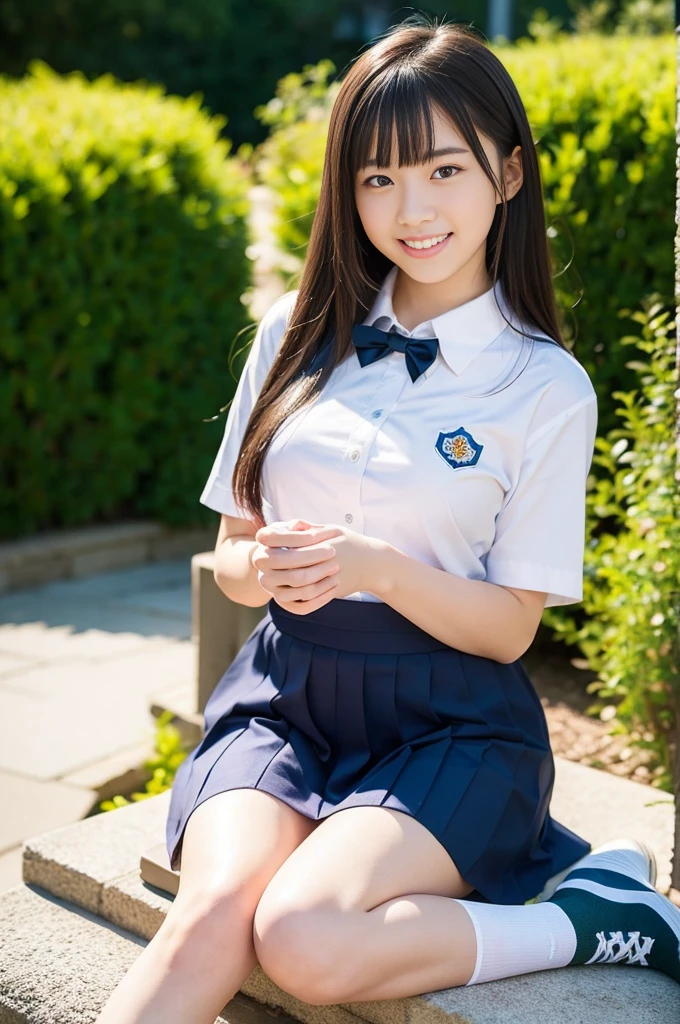 Pure young Japanese school girl, outstanding body, wearing uniform, socks, sneakers, no makeup, natural black hair styles, sexual attractive, sweet smile, sitting in traditional garden, professional portrait photography,