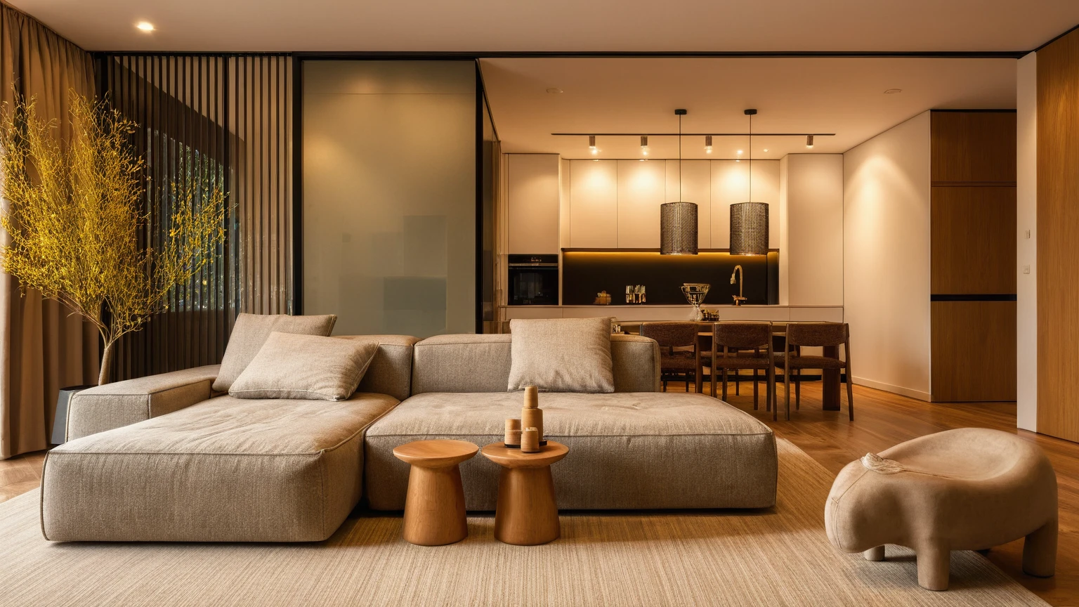 Raw photo,Masterpiece, high quality, best quality:1.5, authentic, super detail:1.8, interior, modern wabisabi livingroom :1.5, sunset, day light, sofa, tea table, carpet, flower vase on tea table, wine bottle, tray, armchair, wine cabinet, books, glass cabinet doors, snake plant pot, in đà nẵng, Hàn river view window, downlight, chandelier