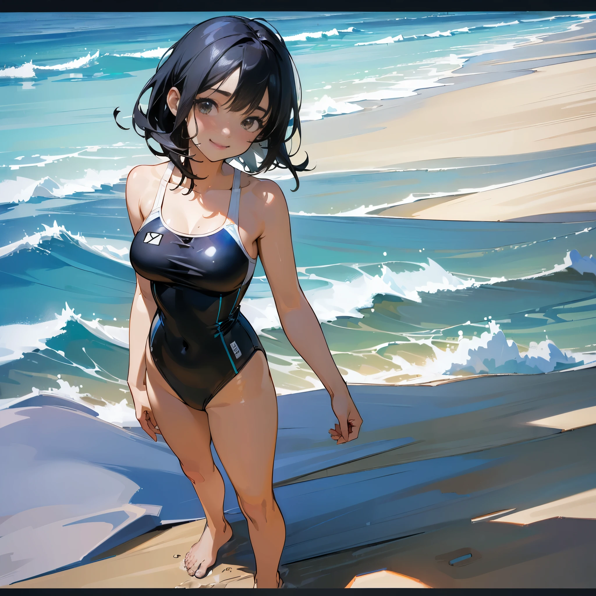 (high quality, High resolution, Very detailed, reality:1.37), Peaceful atmosphere, (Sandy Beach), Teenage girl standing alone, (my breasts are big.), Beautiful details, Cute Smile, (Black bob hair), One piece swimsuit, barefoot.