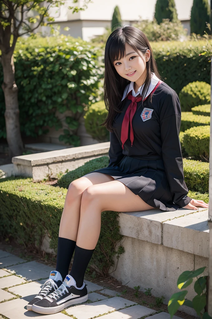 Pure young Japanese school girl, outstanding body, wearing uniform, socks, sneakers, no makeup, natural black hair styles, sexual attractive, sweet smile, sitting in traditional garden, professional portrait photography,