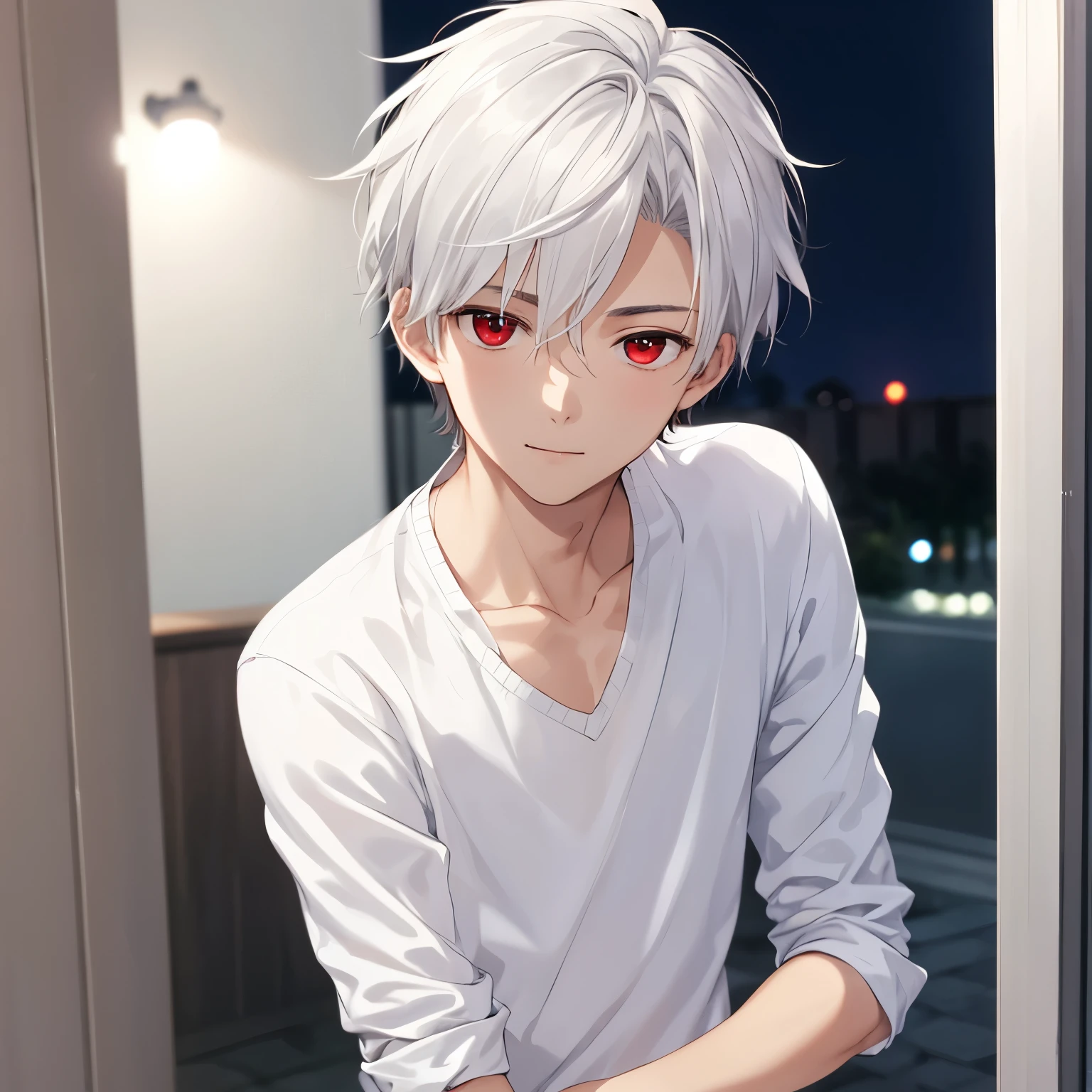 1boy,Standing, slight smile,18 years old,guy, at night,close up photo,handsome,side parted hair,short hair, straight hair, white hair, white shirt,white trousers,red eyes, vampire,close up photo