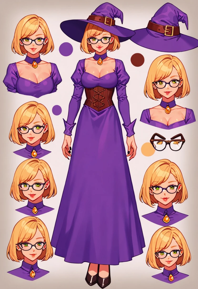 score_9, score_8_up, score_7_up, score_6_up, score_5_up, score_4_up, BREAK source_anime, 1girl, short blonde hair, thin rimmed glasses, witch, purple dress Creative design, full body, Reference sheet, Character sheet