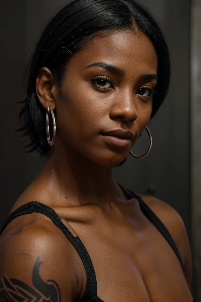 A thin light-skinned black actress, short mohawk style hair, with a black fabric in an outdoor area simulating a photo studio wearing a black dress shirt, artistic pose, Horizontal photo 