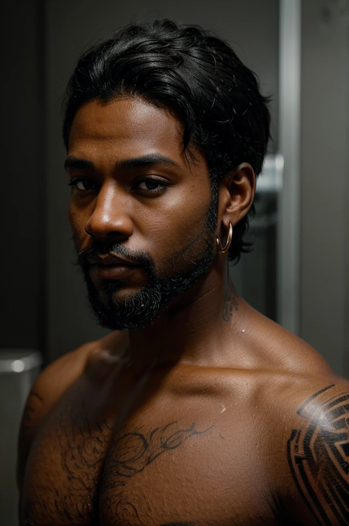 Create
Ultra realistic close-up image/photo of a black boy
black with the following characteristics:
"Short jet black hair, dark black eyes, black skin, neat beard, beautiful face
hoop earrings, muscular, fit and tattooed body.
The background must be blurred with an accentuated Bokeh effect."