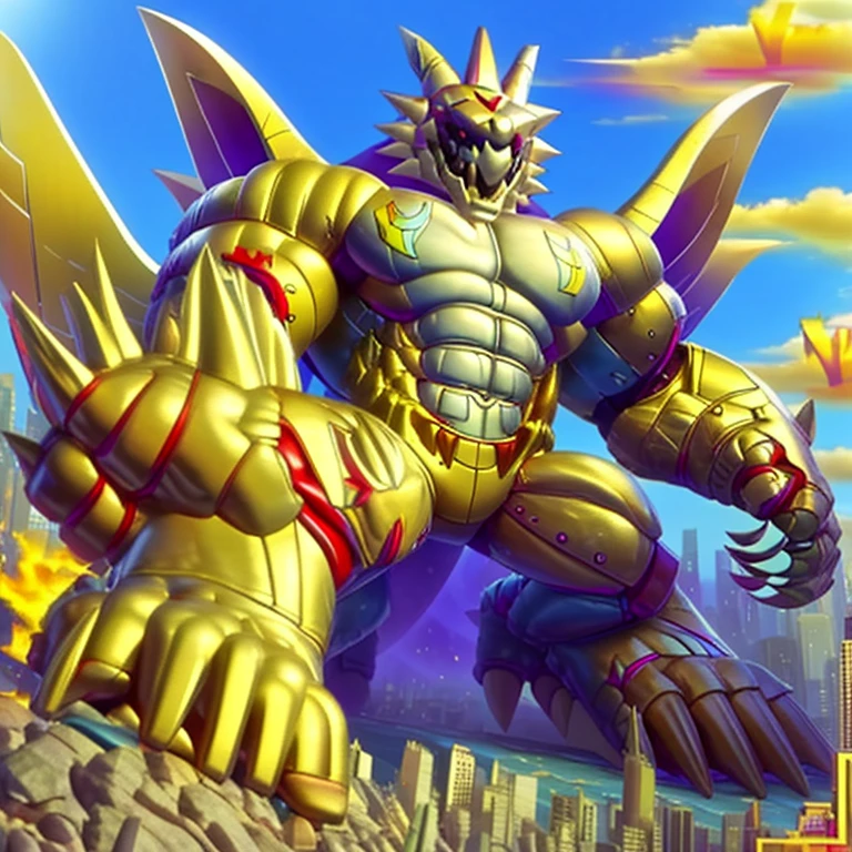 (masterpiece. official art. 8k. best quality. detailed full body. full body.)

(situation 1 : dominating exveemon. exveemon is over 1000 meters long. focus GIANT mechanical Muscular exveemon is trampling the city. Looking down. macro. stomp. Low-angle perspective. emphasizing the immense size.)

(situation 2 :smoke and flames rising from the destruction in the city)

(Additional details 1: wearing a full-face helmet. high-tech bio-mecha armor. real texture material. whole body shines like metal. Wearing cyberpunk mecha. emphasizes the muscles. suit fully made of metal. intricate armor. Robotic suit. suit fully made of metal. cyborg. The Phoenix Wolf.).

(Additional details 2: Detailed head. Detailed Body. Detailed abs. gigantic muscles. HYPER MUSCLES. Gigachad Muscular. big muscle. pecs. triceps. traps. unusually developed muscular body. body full of huge muscles. showing off muscles. pectorales enormes. Exaggeratedly huge muscles. huge muscles. long legs.).

(Additional details 3: nj5furry, Spread wings. It has wings. black have big wings. The claws are sharp. Sharp teeth.). 
