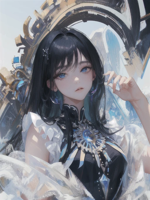 ((masterpiece, highest quality, Super detailed, High resolution)), alone, beautiful girl, shining eyes, perfect eyes, 15 years old, black white gold theme,