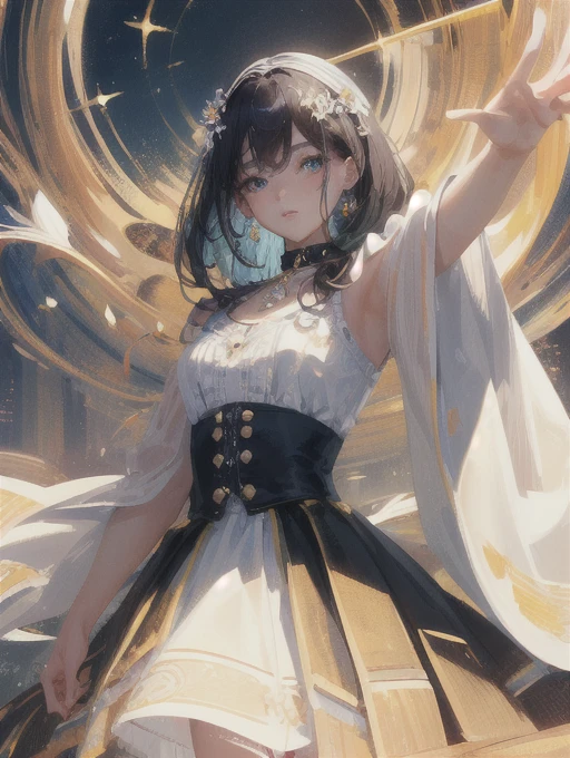 ((masterpiece, highest quality, Super detailed, High resolution)), alone, beautiful girl, shining eyes, perfect eyes, , black white gold theme,