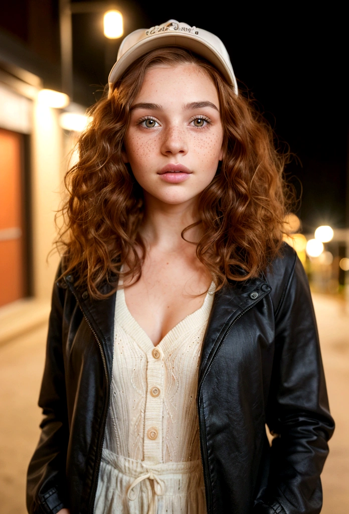 Young woman with fair skin, adorned with freckles on her cheeks, Full body photography, displays an athletic figure. The ultra-realistic photograph, taken with a high-fidelity camera, captures every intricate detail of her skin texture, the vibrant color and natural curls of her red-brown hair, and the captivating depth of her brown eyes. Her curly locks cascade down in luscious waves, each strand shimmering under the soft, natural light. The freckles on her cheeks add a charming touch to her flawless complexion, giving her a youthful and playful look. photograph taken at night. She is wearing a jacket and cap, full body photography, photograph taken at night.