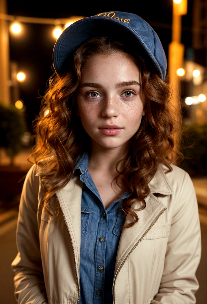Young woman with fair skin, adorned with freckles on her cheeks, Full body photography, displays an athletic figure. The ultra-realistic photograph, taken with a high-fidelity camera, captures every intricate detail of her skin texture, the vibrant color and natural curls of her red-brown hair, and the captivating depth of her brown eyes. Her curly locks cascade down in luscious waves, each strand shimmering under the soft, natural light. The freckles on her cheeks add a charming touch to her flawless complexion, giving her a youthful and playful look. photograph taken at night. She is wearing a jacket and cap, full body photography, photograph taken at night.