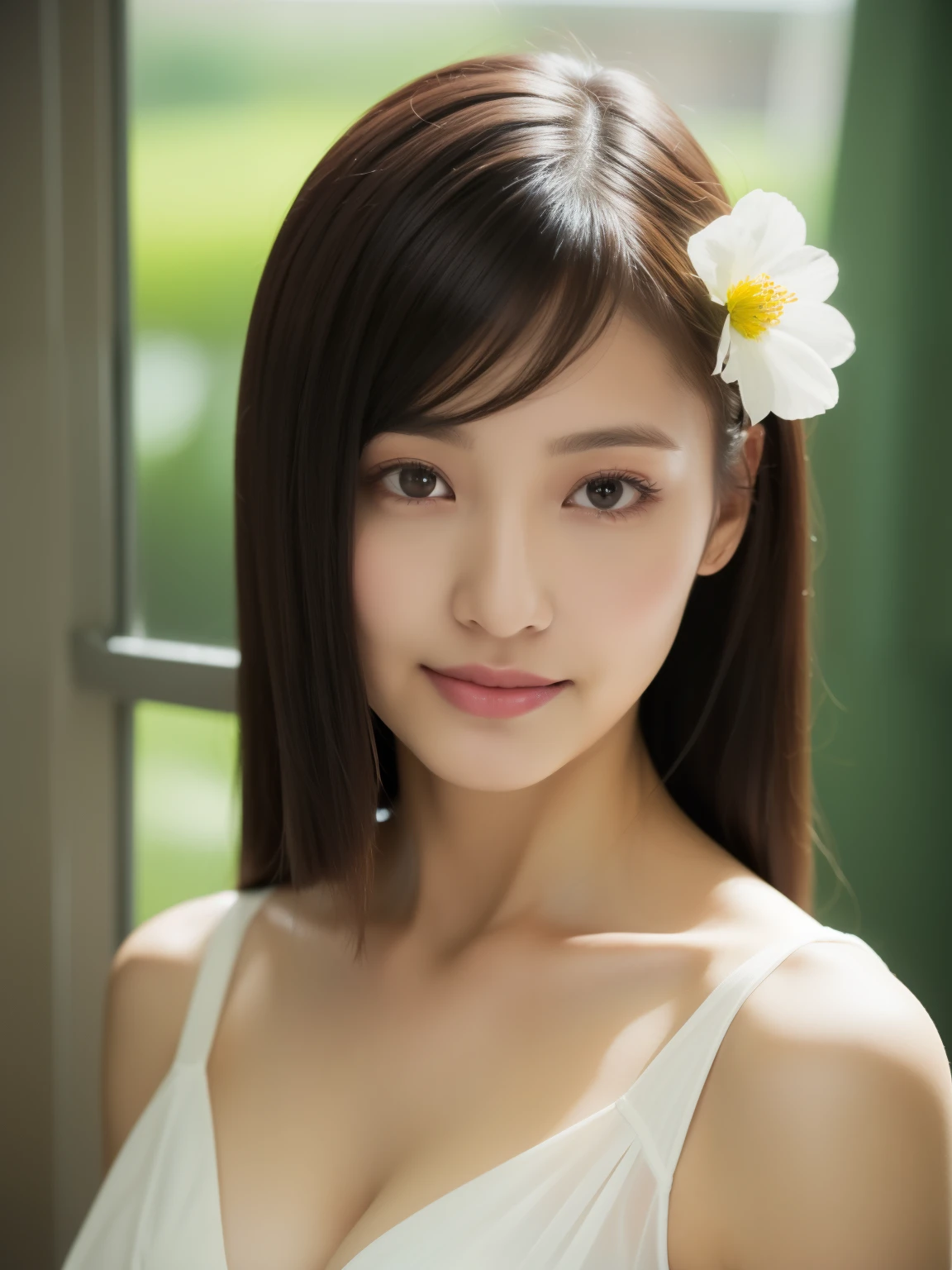 ((best quality, 8K, masterpiece: 1.3)), beautiful woman, pure, melon face, kind and cute, sweet smile, pure desire, slender body, (((Random body direction))), (tilted head), ((looking at camera)), pure desire, wearing a Transparent random color short dress, black silky long hair, long flowing shoulders, round black big eyes, clear big eyes, moist red lips, sweet, sitting in a lounge, Decorated with brightly colored flowers cafe window background, 28 years old, ((chest to head shot)), Bodies facing random directions,