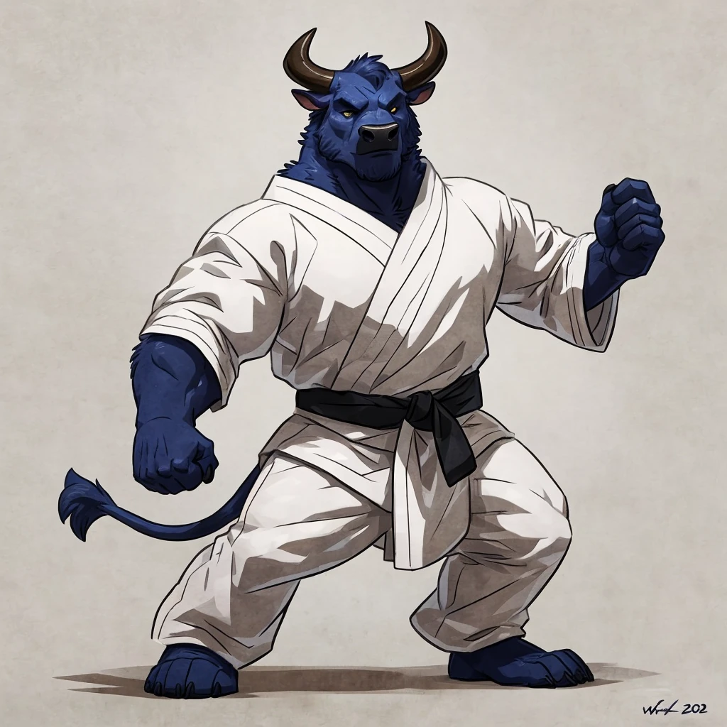 anthro ((male)) bull, ((bull)) 4k, high resolution, best quality, posted on e621, solo, anthro body, male, adult, correct anatomy, (white background), (by wfa:1), (by Taran Fiddler:0.5), young, (cel shaded, cartoony shading:1.2), black lineart, black outline, flat coloring, (strong shadows, dark shadows:1.2), dynamic pose, ((fullbody)), ((karate clothes))