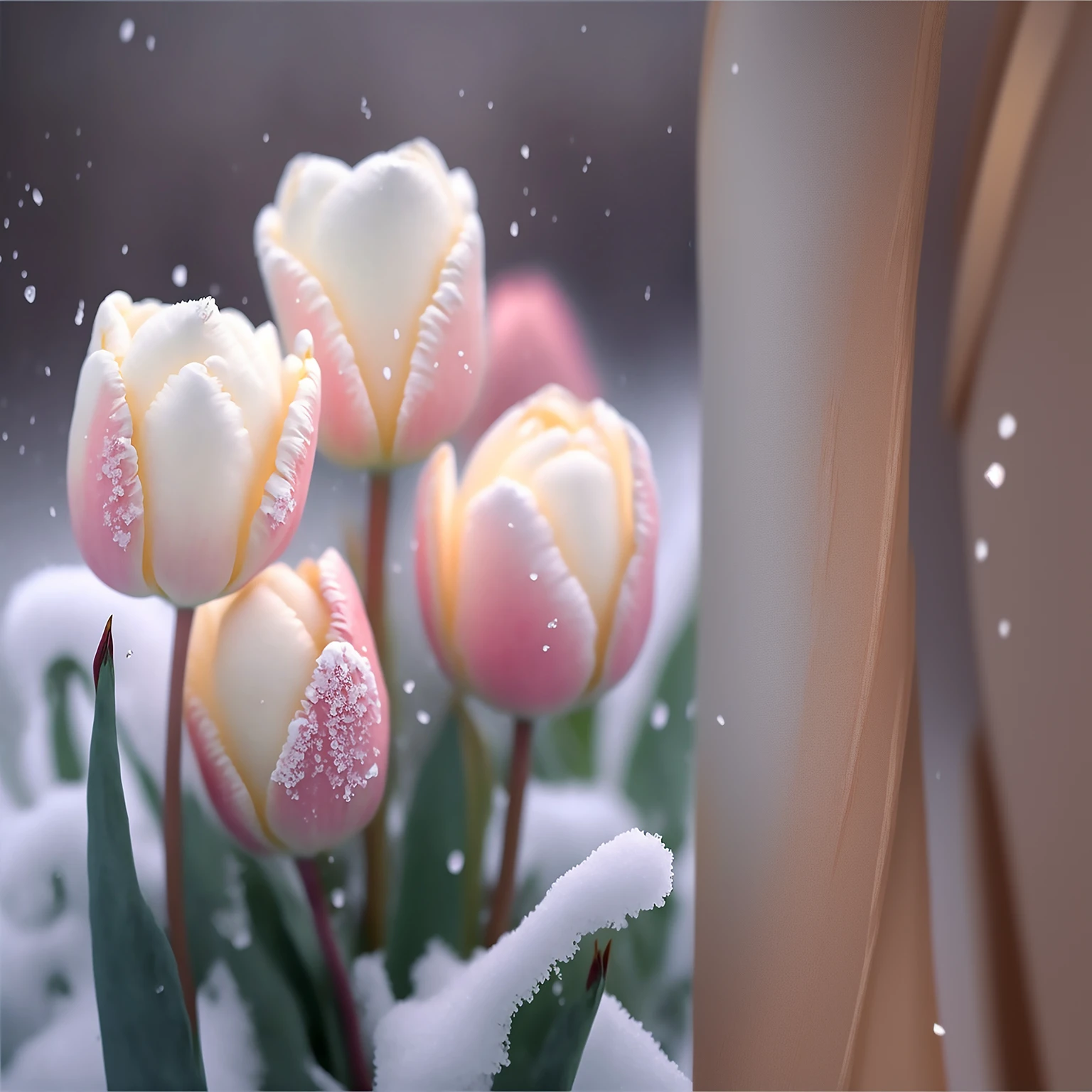 there are three tulips that are covered in snow in the snow, tulips, tulip, beautiful!, beautiful照片, Mark Adams, very beautiful照片, Soft white light, Soft colors, beautiful, Incredibly beautiful, Surrounded by frozen flowers, 8K)), Stunning details, beautiful花朵, beautiful大自然, Beautiful images, snow, beautiful照片graphy
