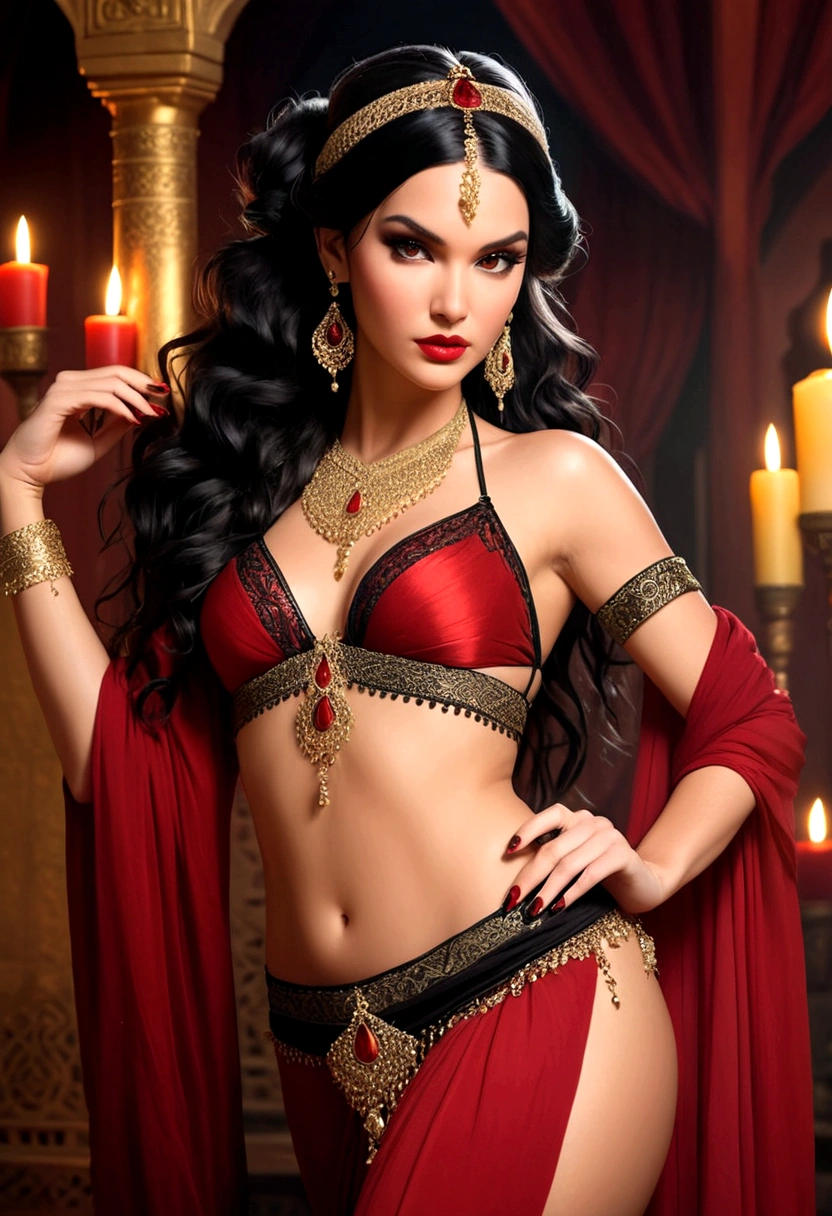 Full body shot Kendal Jenner gorgeous belly dancer, ringlets wavy five feet long black hair, updo hairstyle with ponytail on one side and bun long braid, strong thighs, dark red glossy lips, heavy black eye shadow long black eyeliner, long sharp red nails, black lace beautiful and povocative belly dancer veil outfit, clear ears no earrings, no earrings, no earrings, no earrings, no jewels, beautiful forehead lace ornament, posing in a feminine palace harem, happy expression, dark ambience night time candle lights. No faces on her chest!