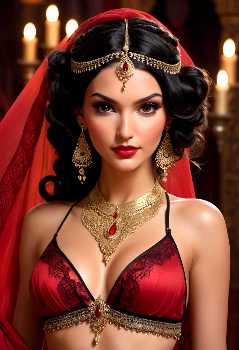 Full body shot Kendal Jenner gorgeous belly dancer, ringlets wavy five feet long black hair, updo hairstyle with ponytail on one side and bun long braid, strong thighs, dark red glossy lips, heavy black eye shadow long black eyeliner, long sharp red nails, black lace beautiful and povocative belly dancer veil outfit, clear ears no earrings, no earrings, no earrings, no earrings, no jewels, beautiful forehead lace ornament, posing in a feminine palace harem, happy expression, dark ambience night time candle lights. No faces on her chest!