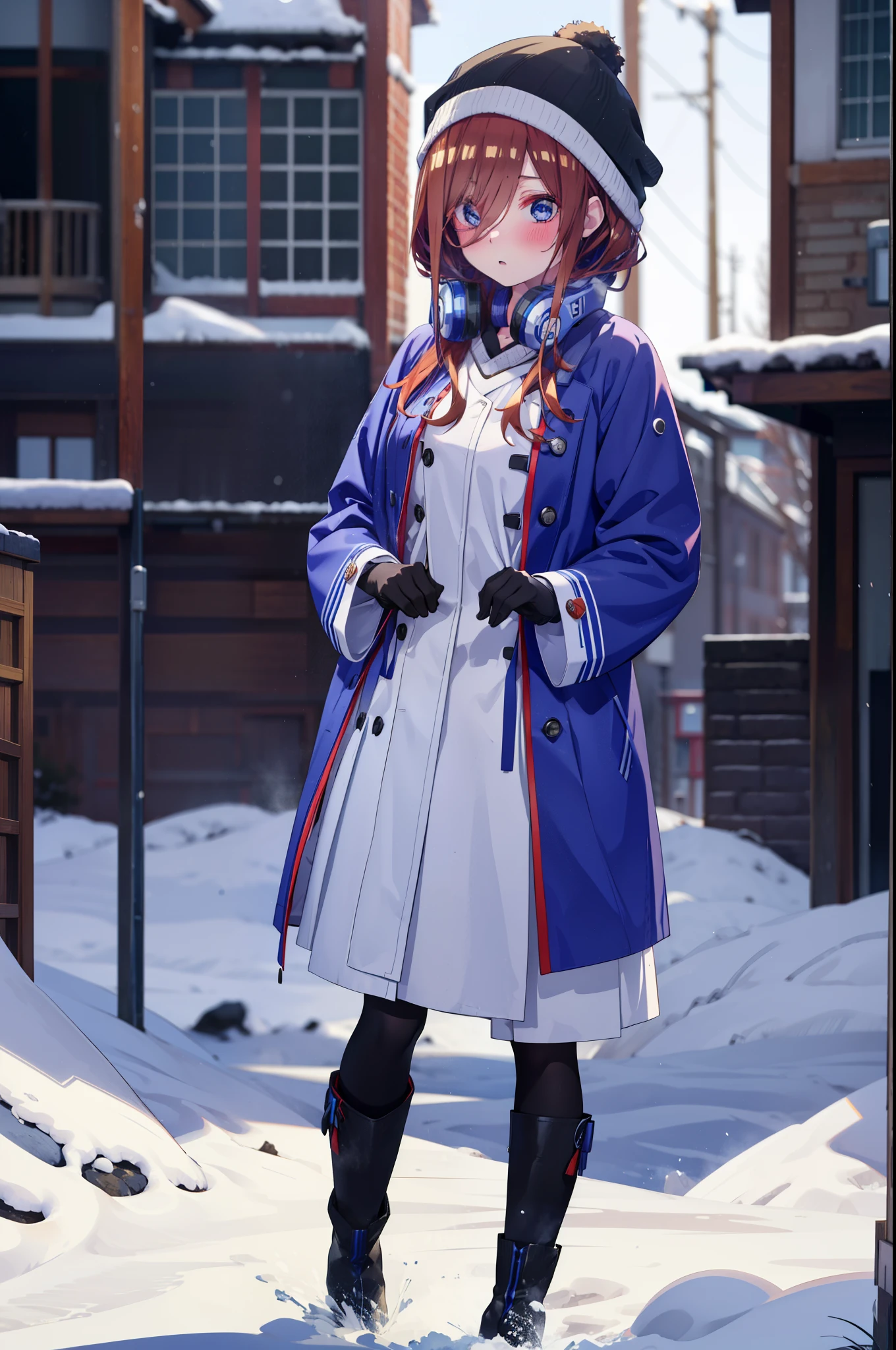 Mikunakano, miku nakano, Long Hair, bangs, blue eyes, Brown Hair, shirt, Hair between the eyes,blush, Open your mouth,White Breath,Scarf,Headphones around neck,Knitted hat,Blue long coat,V-neck sweater,Long skirt,Black pantyhose,short boots,Fluffy gloves,Standing leaning against a wall,Snow is piled up,It's snowing,whole bodyがイラスト入るように,Hidden in a building with a roof,
break outdoors, Building district,
break looking at viewer, whole body,
break (masterpiece:1.2), Highest quality, High resolution, unity 8k wallpaper, (figure:0.8), (Beautiful attention to detail:1.6), Highly detailed face, Perfect lighting, Highly detailed CG, (Perfect hands, Perfect Anatomy),