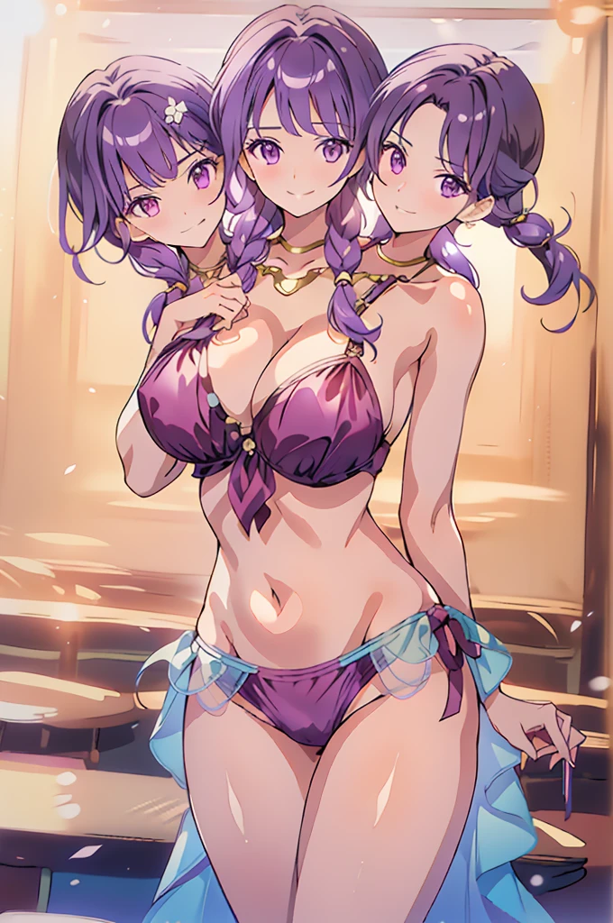 masterpiece, (3heads:1.5), 16K, best quality, FELute, necklace, cowboy shot, looking at viewer, smirk, swimsuit, purple bikini, open breasts, huge tits, sexy pose, alluring presence,