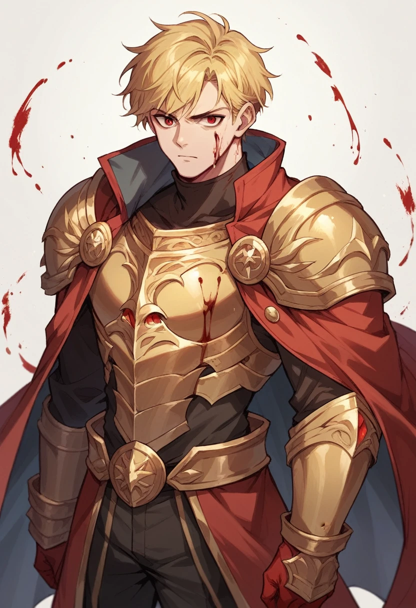 Solo, male, red coat, red eyes , straight facial, short Length hair, with bangs, blonde and gradiant black streaks color, blood magic, blood and golden armor.