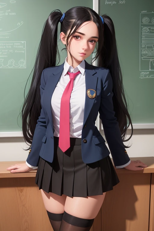 a beautiful young woman with long black hair in twin tails, wearing a blue blazer style uniform with a tie and tight skirt, knee socks, standing in an anatomy club room, gazing at the viewer with a sweet expression, surrounded by drawings of the human body on a blackboard, ultra-detailed, realistic, photorealistic, 8k, high quality, masterpiece