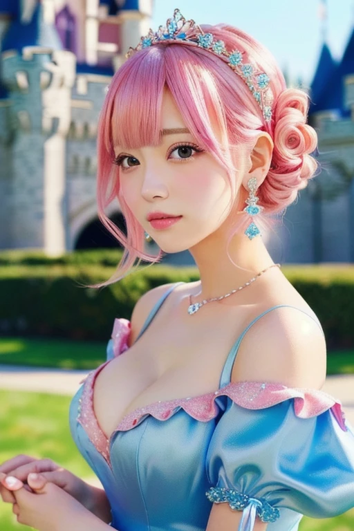 Sara-sara2, Close-up of a woman with pink hair and dress, Real life anime girls, 長いPink Hairpretty girl, Beautiful anime style, Cute Anime Girl, Attractive anime girl, Beautiful Anime Girls, Anime Thai Girl、Small breasts、A cup breasts、pretty girl, Pink Hair, Shirahime cut hairstyle, Realistic young anime girl, Cute Hairstyles、hair ornaments、かわいいhair ornaments、Cute Earrings、backgroundぼやけてる、background(Cinderella Castle)