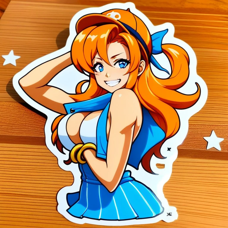 Character Stickers,STICKER, (solid outline:1.3), (NSFW:1.2), A detailed illustration of a vivid Sexy Nami from One Piece kneeling down, Nami with big breasts, see thru white top, nipples see thru, bare breasts, thin acrylic board, Nami character goods, Flat figure, 3D image, Sample images on product page, Acrylic stand and Acrylic base, acrylic panel, acrylic board, cowboy shot, full body portrait, Nami full body portrait ,orange long hair, shear camisole and mini-skirt type sailor uniform, Smile, summer clothes, Crazy cute, kneeling down, Stars shine in eyes,