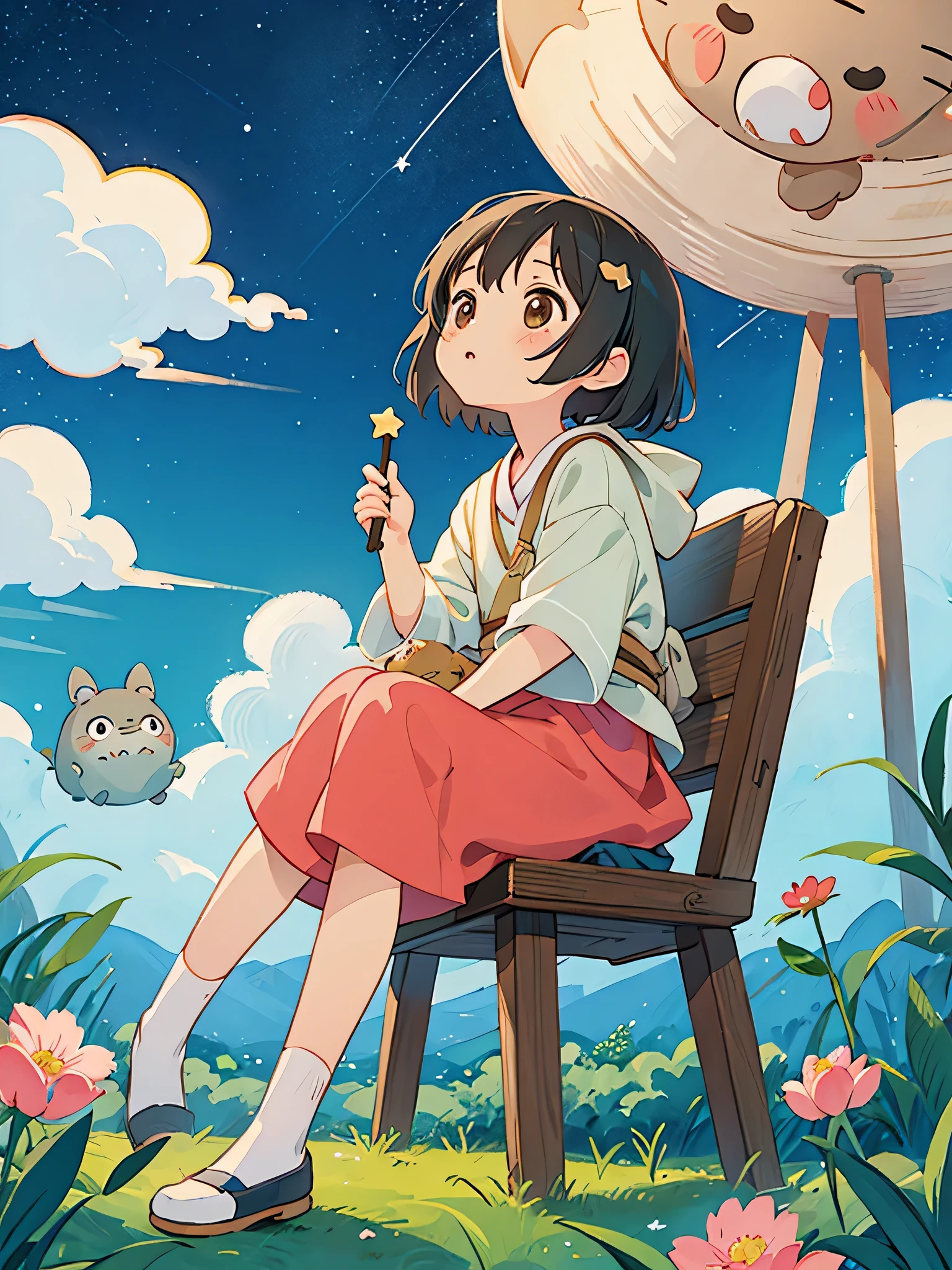 Hayao Mayazaki style, Kawaii Design, The most beautiful girl of all time、Chibi, Sit down and look up at the night sky, totoro, Star of the sky, 笹
