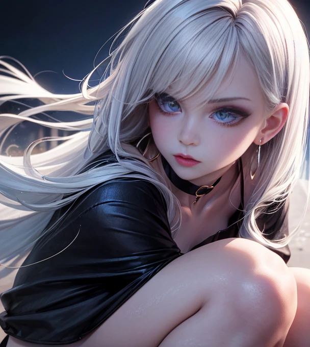 Depth of bounds written, detailed eye, ((CG illustration)), ((face focus)), ((masterpiece)), ((8K)), ((super detailed)), ((Super high quality)), ((cinematic)), ((Photoreal)), ((close up shot)), (solo), (cool girl), very long hair, straight hair, (((thin body))), Glossy skin, ((look away)), (Beautiful goth girl with high cheeks and legs), Gothic makeup, clear eyes, lipstick, dark eye shadow, ((No bra)), choker, earrings, provoke, night, ((full moon)), ((Functional)), Lonely, Visual kei, ((pastel colour)), Unwound clothes, forget, kiss, White Knight, dark, silence