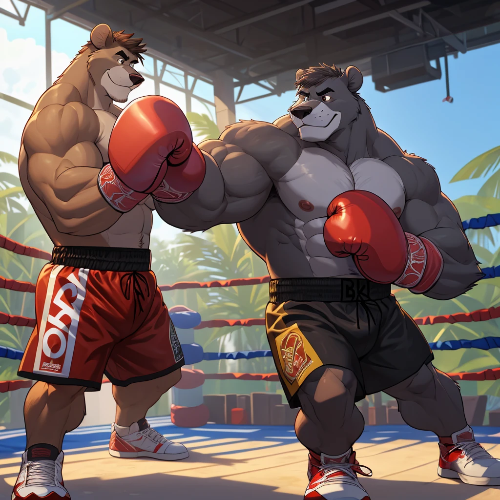 Baloo's training for the boxing championship, dark fur, thick arm, huge arm, Dark hair, muscular, pectoral, wide pectoral, realistic, 8k, masterpiece, (wearing black boxing shorts, boxing gloves and shirtless:1.3, topless, shoes) punching the punching bag, jungle book disney art