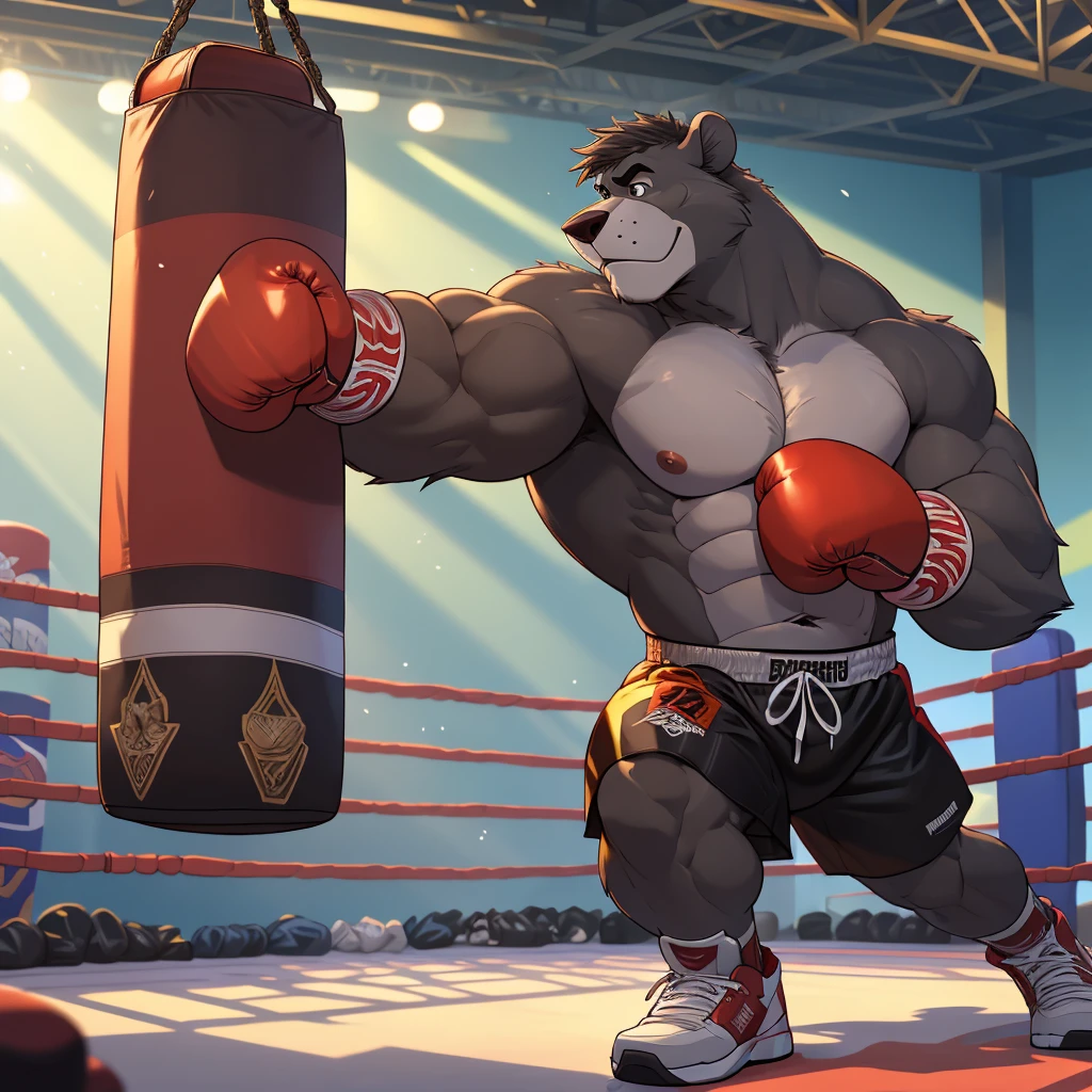 Baloo's training for the boxing championship, dark fur, thick arm, huge arm, Dark hair, muscular, pectoral, wide pectoral, realistic, 8k, masterpiece, (wearing black boxing shorts, boxing gloves and shirtless:1.3, topless, shoes) punching the punching bag, jungle book disney art