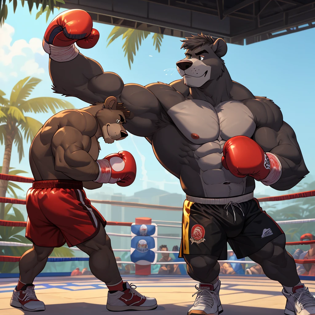 Baloo's training for the boxing championship, dark fur, thick arm, huge arm, Dark hair, muscular, pectoral, wide pectoral, realistic, 8k, masterpiece, (wearing black boxing shorts, boxing gloves and shirtless:1.3, topless, shoes) punching the punching bag, jungle book disney art