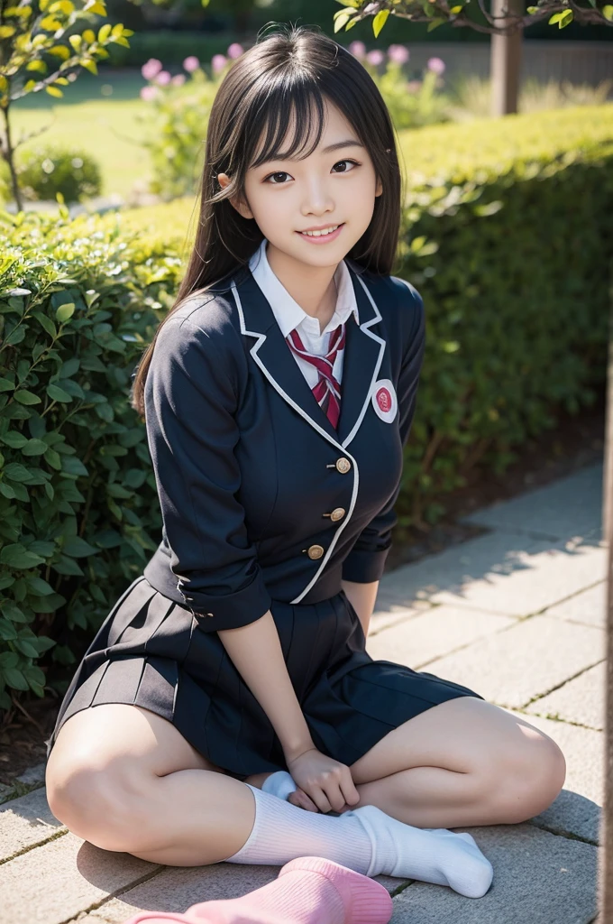 Pure young Japanese school girl, outstanding body, wearing uniform, socks, sneakers, no makeup, natural black hair styles, sexual attractive, sweet smile, sitting in traditional garden, professional portrait photography,