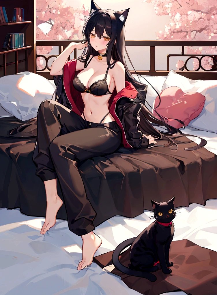Cat ear、Big Breasts、young、Black Hair、Stylish、Bed、bra、pants、blush、naked
