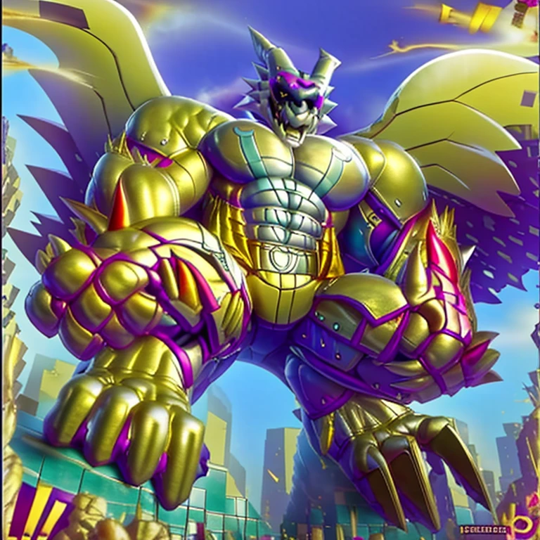 (masterpiece. official art. 8k. best quality. detailed full body. full body.)
(situation 1 : dominating exveemon. exveemon is over 1000 meters long. focus GIANT mechanical Muscular exveemon is trampling the city. Looking down. macro. stomp. Low-angle perspective. emphasizing the immense size.)
(situation 2 :smoke and flames rising from the destruction in the city)
(Additional details 1: wearing a full-face helmet. high-tech bio-mecha armor. real texture material. whole body shines like metal. Wearing cyberpunk mecha. emphasizes the muscles. suit fully made of metal. intricate armor. Robotic suit. suit fully made of metal. cyborg. The Phoenix Wolf.).
(Additional details 2: Detailed head. Detailed Body. Detailed abs. gigantic muscles. HYPER MUSCLES. Gigachad Muscular. big muscle. pecs. triceps. traps. unusually developed muscular body. body full of huge muscles. showing off muscles. pectorales enormes. Exaggeratedly huge muscles. huge muscles. long legs.).
(Additional details 3: Spread wings. It has wings. black have big wings. The claws are sharp. Sharp teeth.).