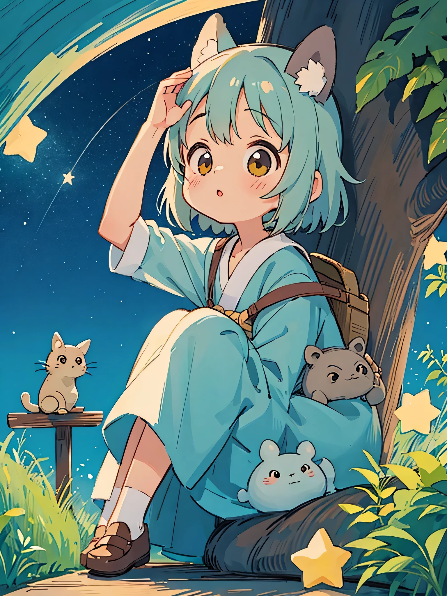 Hayao Mayazaki style, Kawaii Design, The most beautiful girl of all time、Chibi, Sit down and look up at the night sky, totoro, Star of the sky, 笹