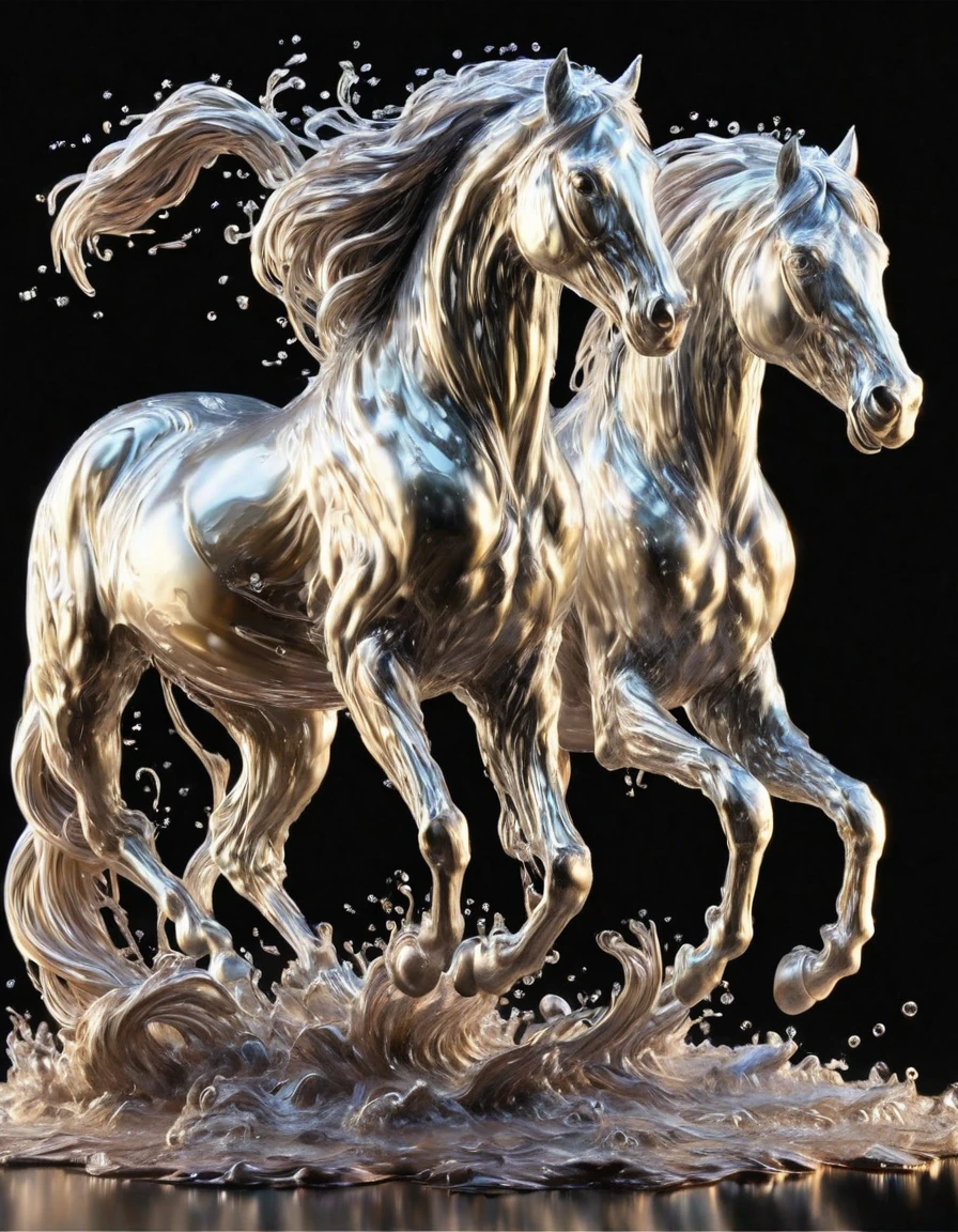 A colorful portrait of two galloping horses formed by flowing liquid steel, with intricate details and a textured surface. The horse is made entirely of cast steel., giving it a fascinating and fantastic appearance. The artwork is of the highest quality., with a resolution of 16k, ensuring every fine detail is captured with stunning clarity. The colors used are vibrant and rich., creating a dynamic and striking composition. The lighting is dramatic., Project shadows and lights that accentuate the contours and movement of the horse.. The overall tone of the artwork is bold and energetic., Capturing the power and grace of the galloping horse..one of the horses is ridden by a 13-year-old American girl formed of flowing liquid steel, with intricate details and a textured surface. The girl is made entirely of cast steel., giving it a fascinating and fantastic appearance